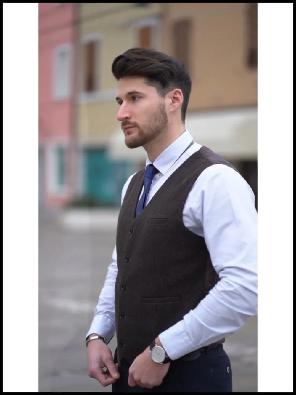 Men's Herringbone Tweed Suit Vest Wool Blend Casual Waistcoat